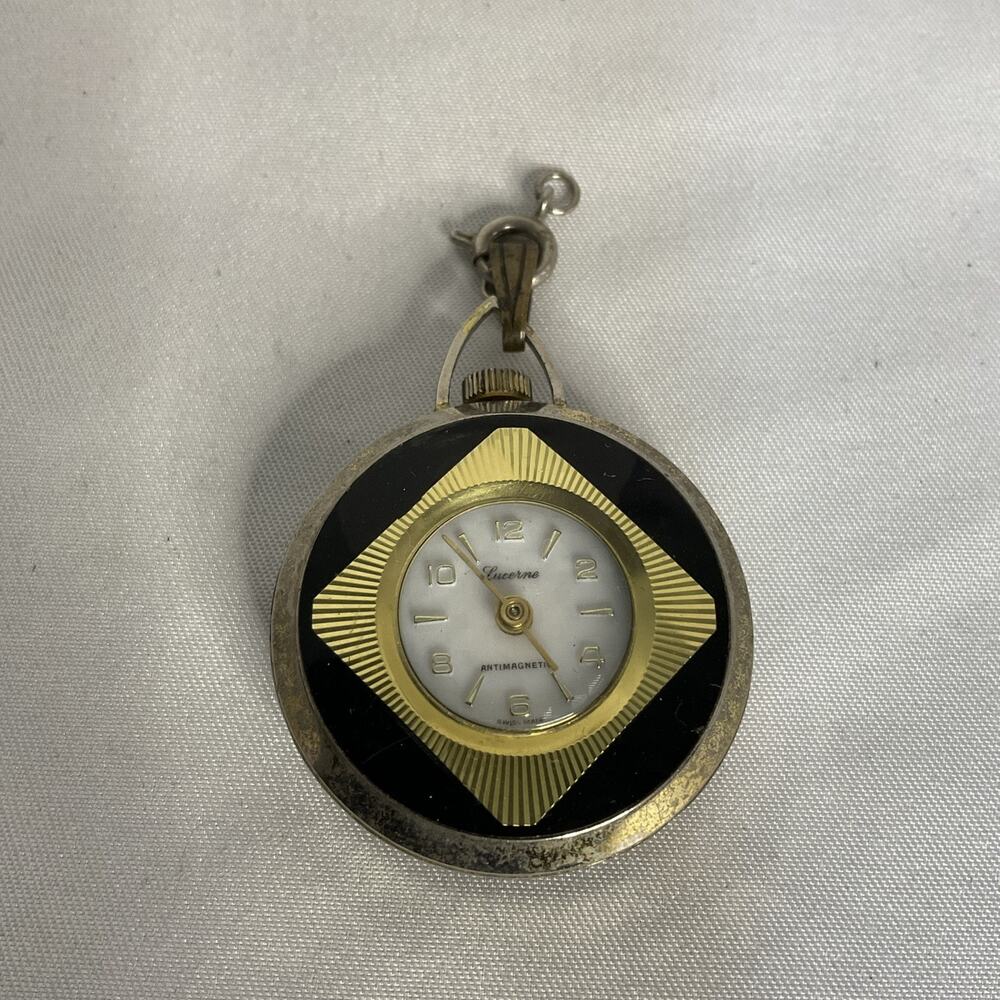 Ladies Vintage Lucerne Swiss Pendant Black And Gold Tone 1.25" Parts / Repair